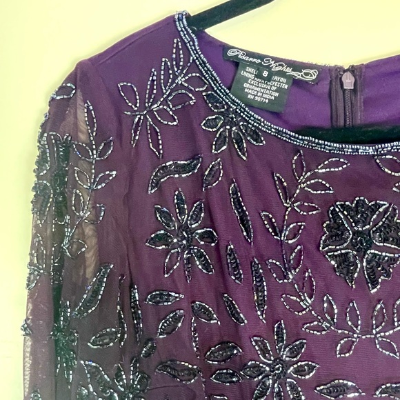 Pisarro Nights Beaded Purple Gown Mesh long sleeve. Size 8 - Picture 3 of 11